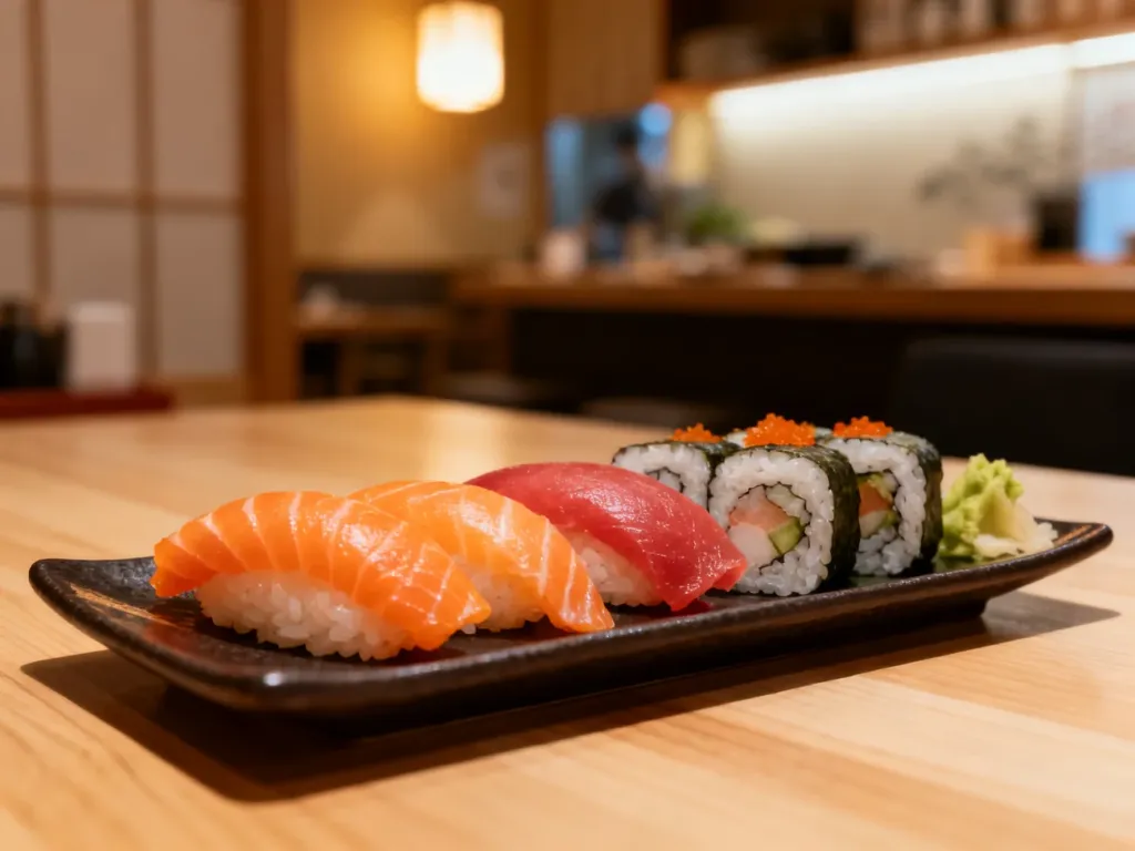 Apetyczny zestaw świeżego sushi z łososiem i tuńczykiem podany na drewnianym stole w japońskiej restauracji.