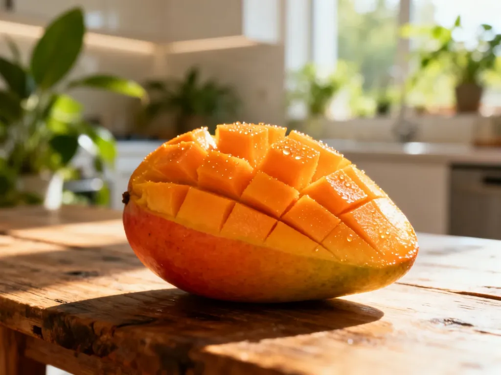 Soczyste, pokrojone mango na drewnianym stole w słonecznej kuchni, podkreślające świeżość i zdrowy charakter owocu.