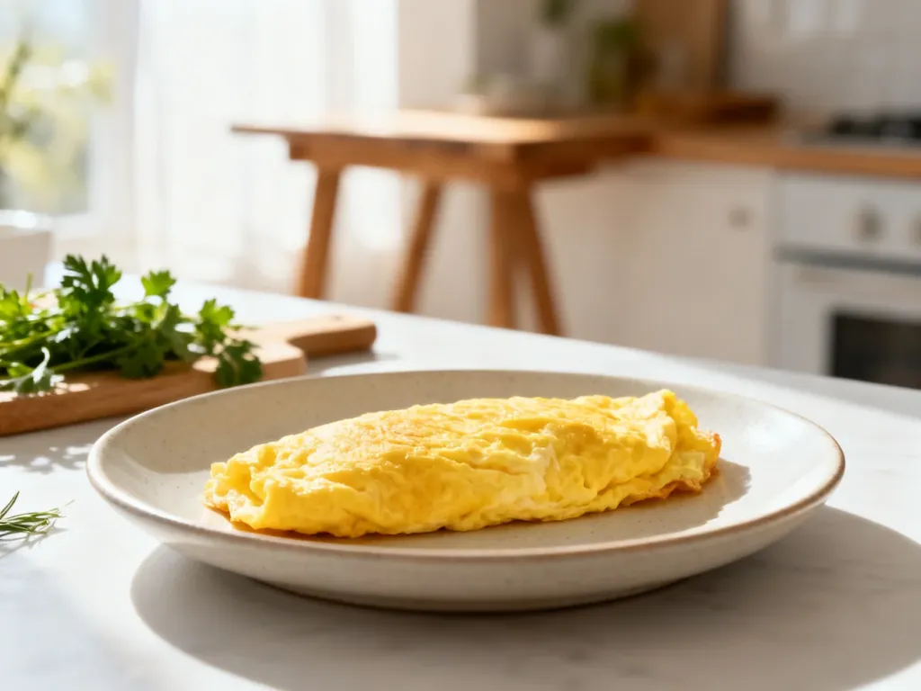 Puszysty, złocisty omlet na minimalistycznym talerzu w słonecznej kuchni, zachęcający do lekkiego i zdrowego posiłku.