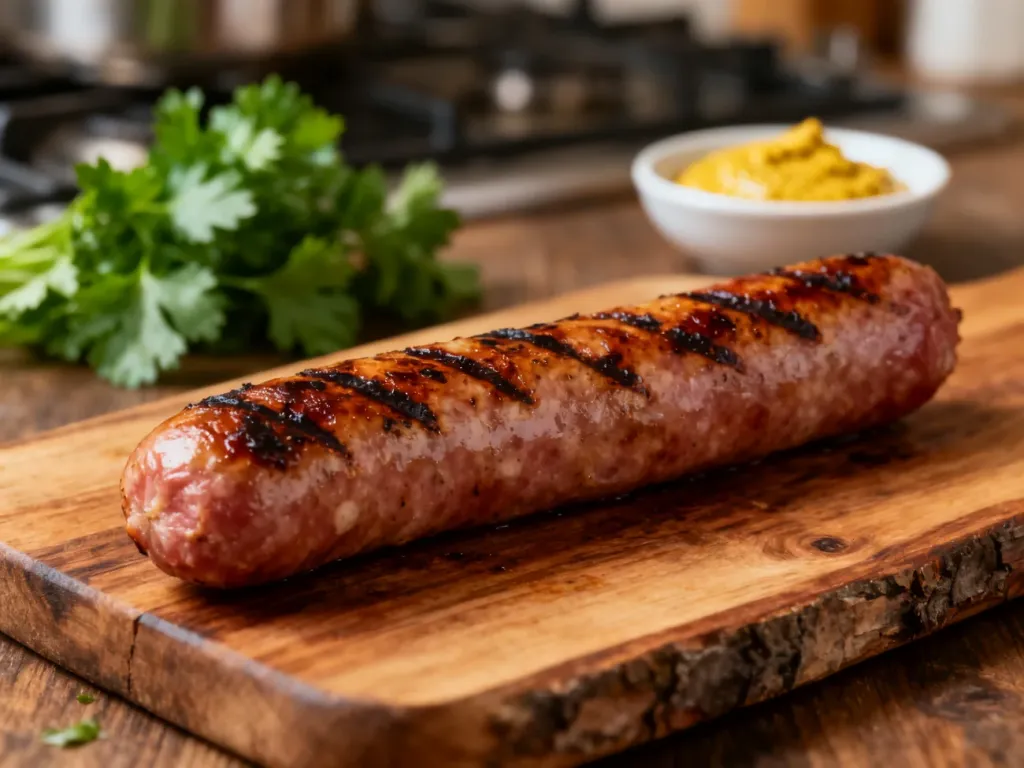 Grillowana parówka na drewnianej desce z musztardą i natką pietruszki w tle.