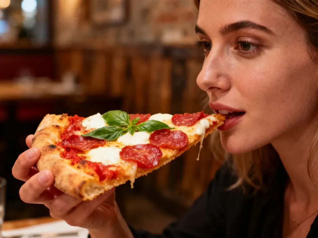 Apetyczny kawałek pizzy z mozzarellą i pepperoni trzymany w dłoni w przytulnej restauracji.