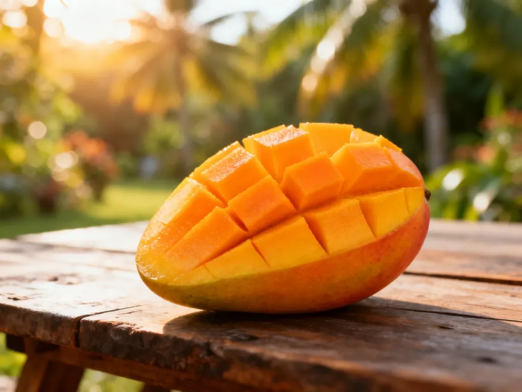Soczyste, pokrojone mango o intensywnie pomarańczowym miąższu na rustykalnym drewnianym stole.