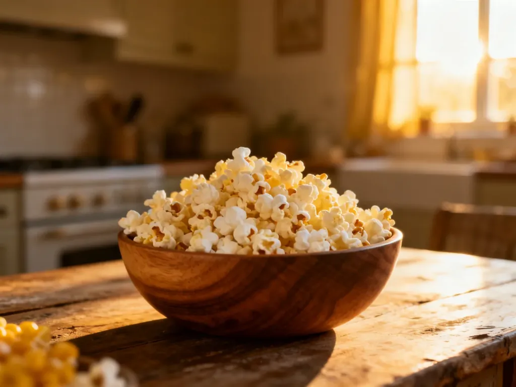 Drewniana miska ze świeżym popcornem na kuchennym stole w promieniach porannego słońca.
