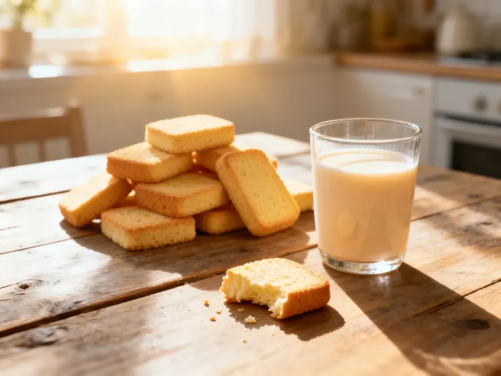 Stos biszkoptów na drewnianym stole obok szklanki mleka w promieniach porannego słońca.