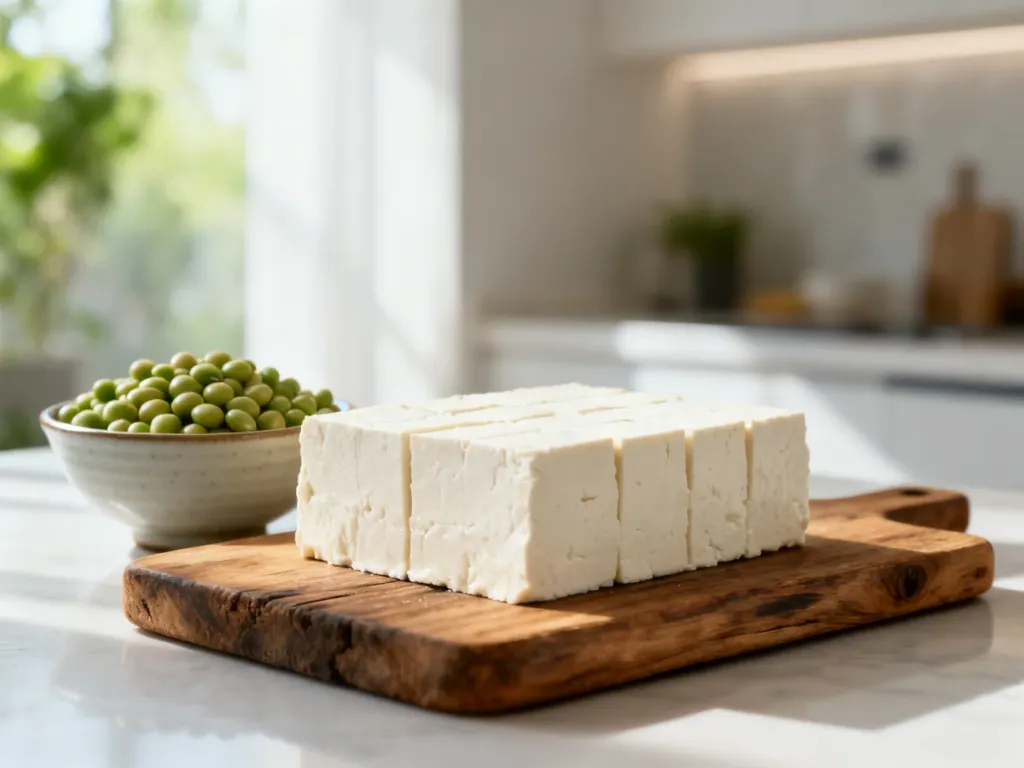 Kostka tofu na drewnianej desce obok miseczki świeżej soi w jasnej, nowoczesnej kuchni.
