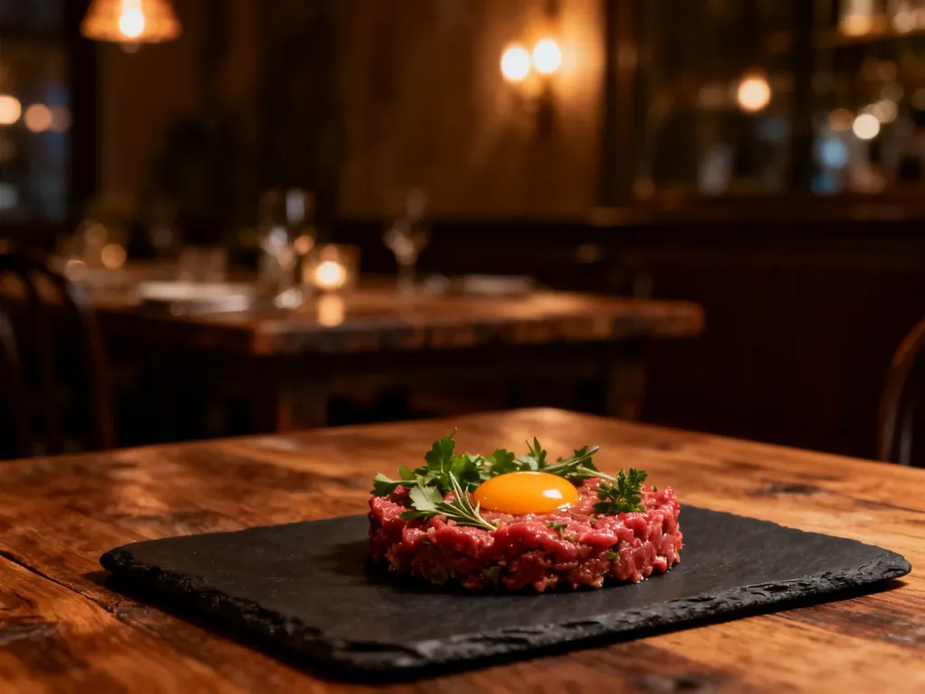 Elegancko podany tatar wołowy z surowym żółtkiem i ziołami na ciemnym kamiennym talerzu w restauracyjnym wnętrzu.