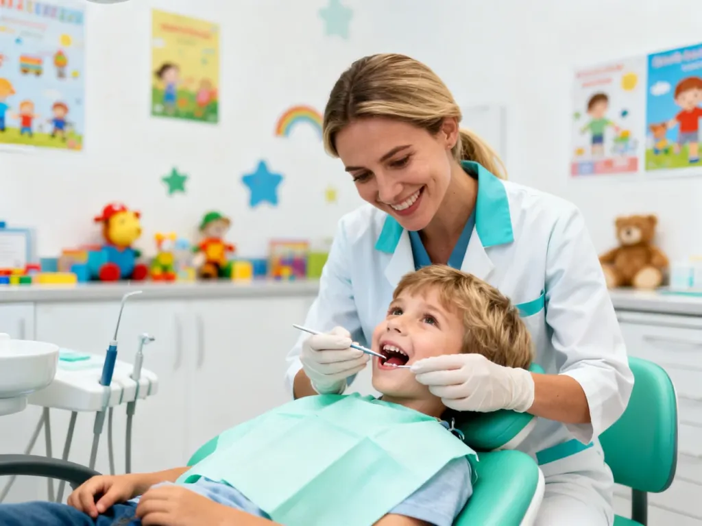Uśmiechnięta dentystka dziecięca delikatnie bada zęby dziecka w kolorowym, przyjaznym gabinecie w Lublinie