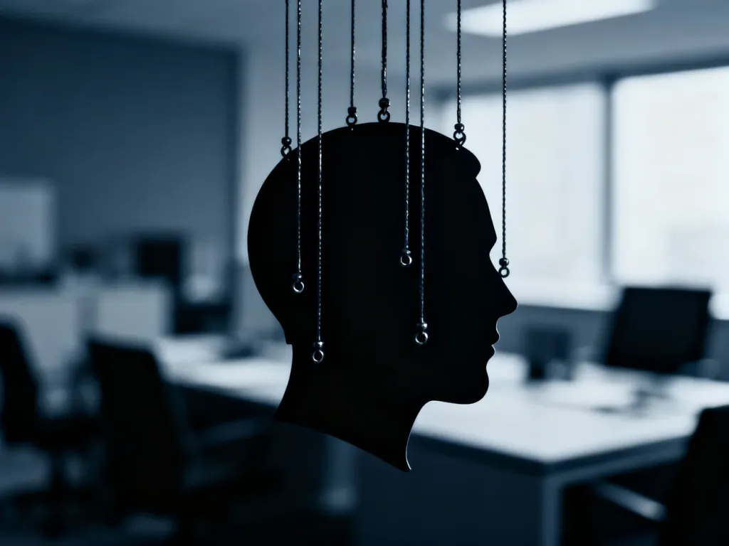 Ciemne nici marionetki układające się w zarys ludzkiej głowy, symbolizujące psychologiczną manipulację w biurowym otoczeniu.