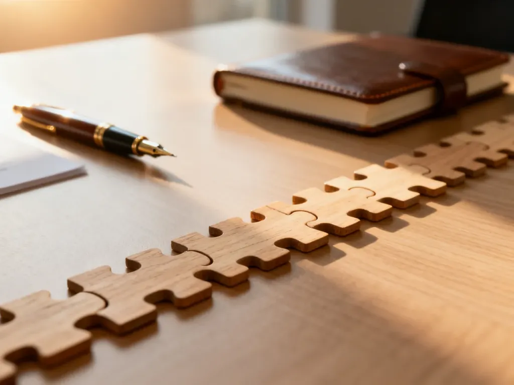 Ułożone puzzle tworzące spójną ścieżkę, symbolizujące konsekwencję w działaniu i realizację podjętych zobowiązań.