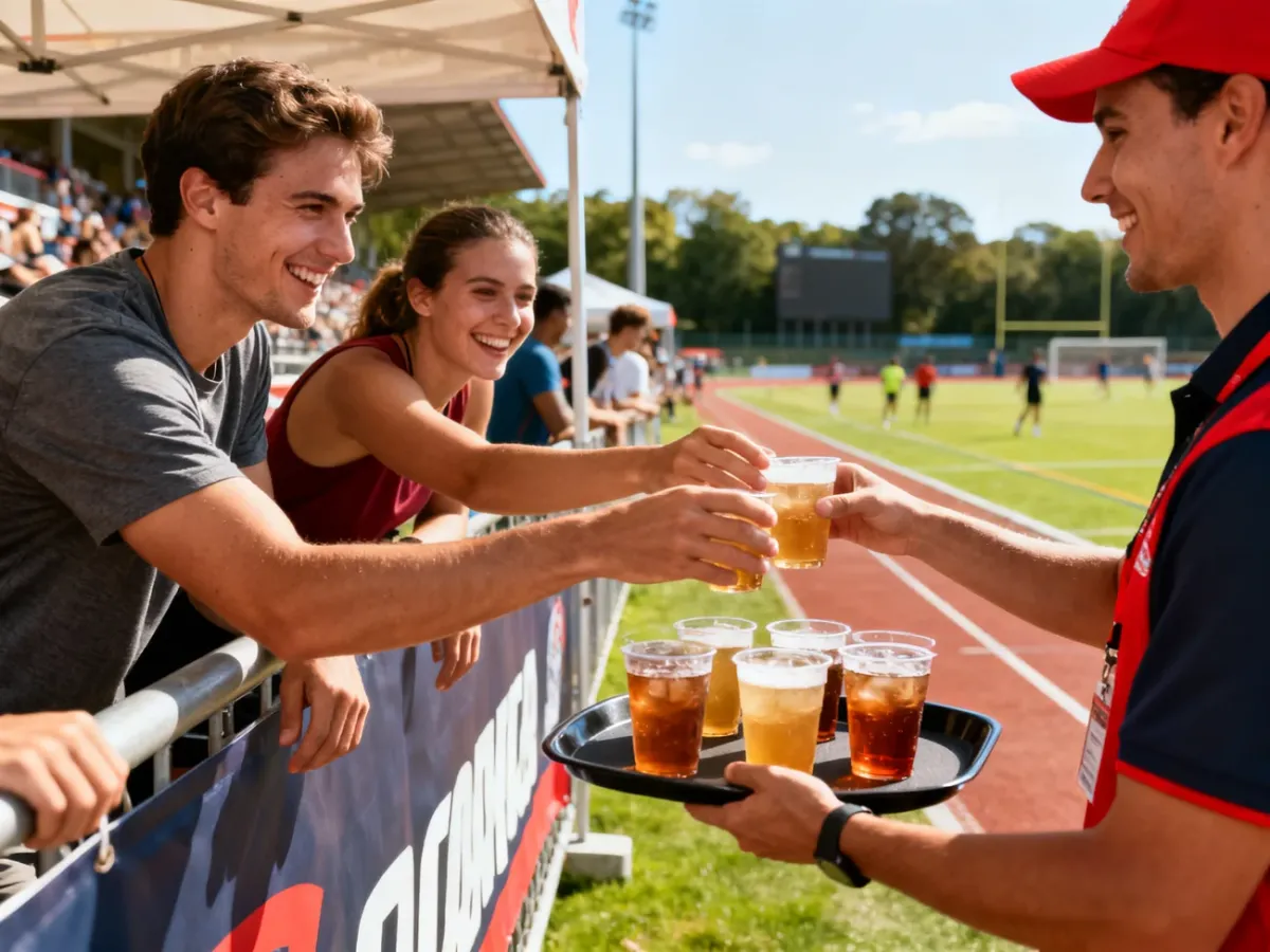 Promotor rozdaje próbki napoju uczestnikom wydarzenia sportowego.