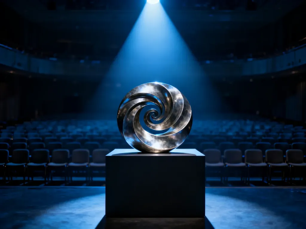 Metalowa spirala na tle pustej auli symbolizuje izolację i presję społeczną w teorii spirali milczenia.