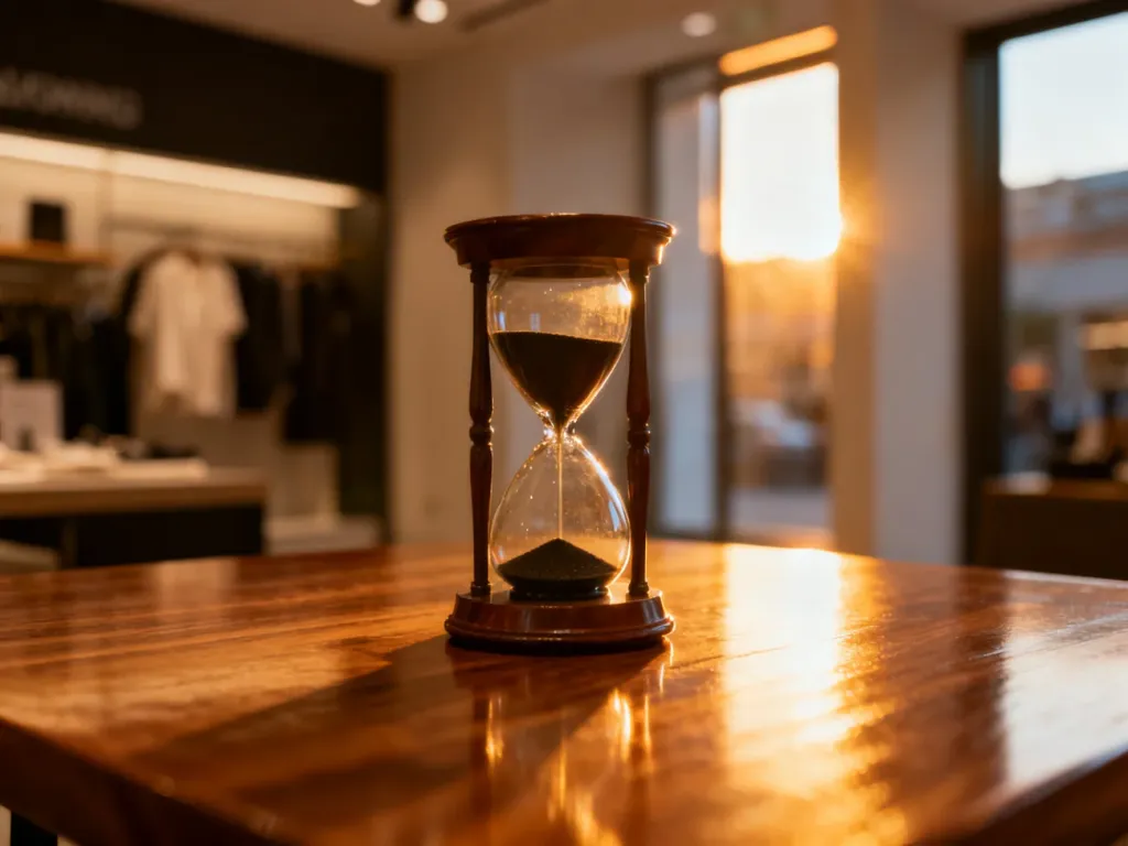 Klepsydra na drewnianym stole symbolizująca ograniczony czas i presję zakupową w kontekście ofert typu „limited time”.