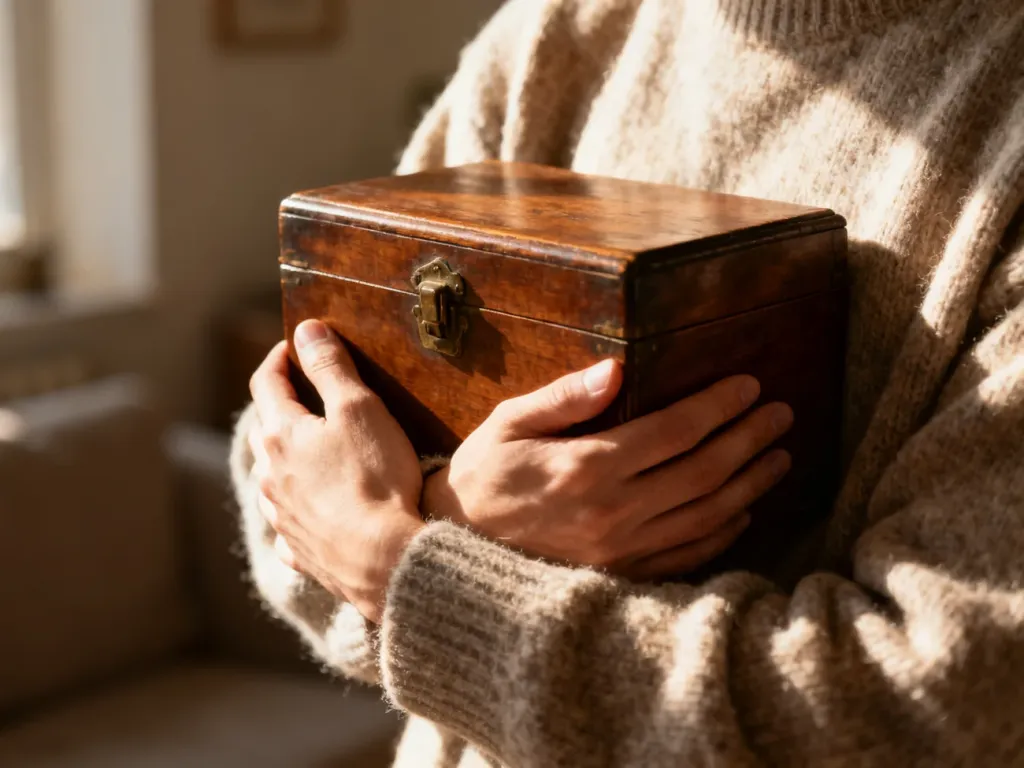 Osoba przytulająca drewniane pudełko, symbolizująca emocjonalną więź z posiadanym przedmiotem w kontekście efektu posiadania.