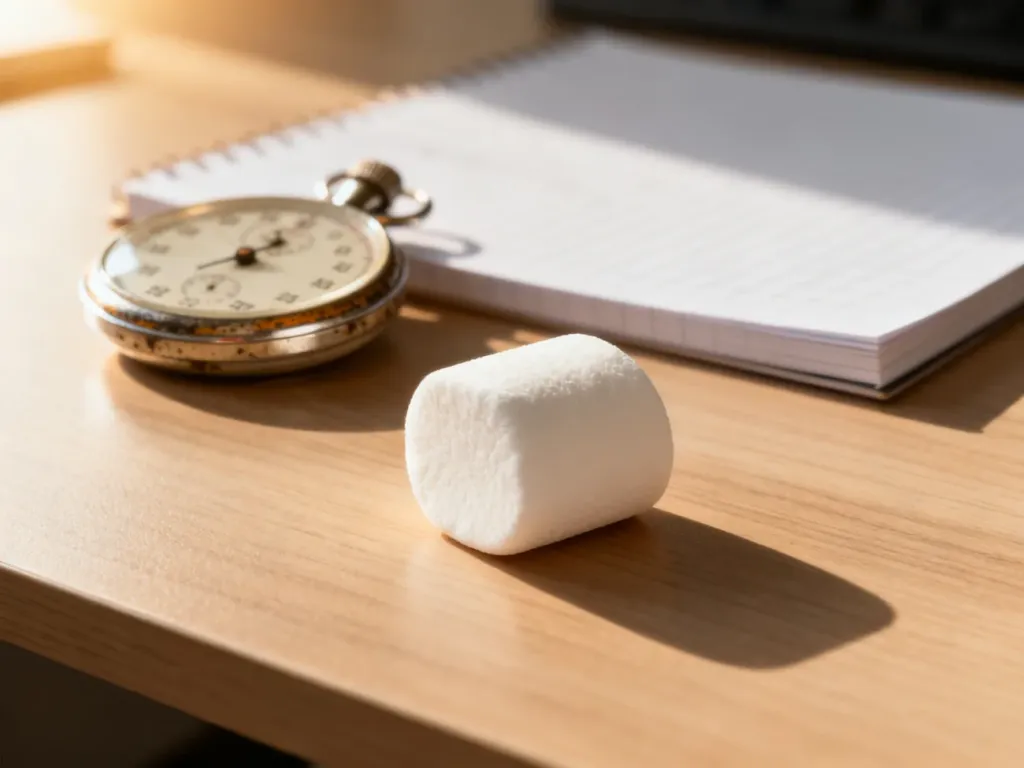 Pianka marshmallow na drewnianym biurku obok stopera, symbolizująca słynny test cierpliwości i odroczonej gratyfikacji.