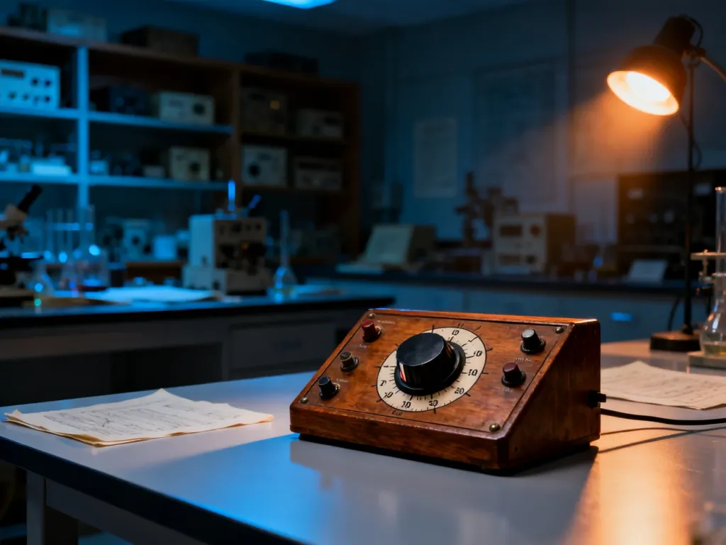 Panel kontrolny z pokrętłem napięcia w laboratoryjnym wnętrzu, nawiązujący do eksperymentu Milgrama nad posłuszeństwem.