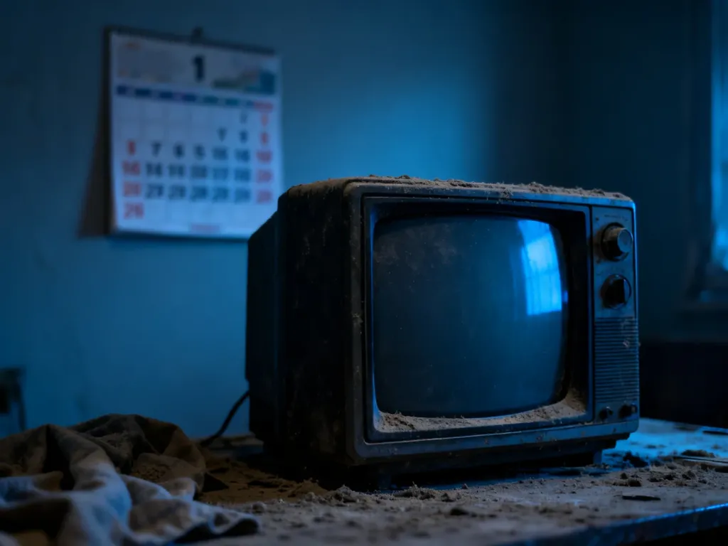 Stary telewizor w przyciemnionym pokoju z kalendarzem w tle, symbolizujący upływ czasu i mechanizm efektu śpiocha w reklamie.