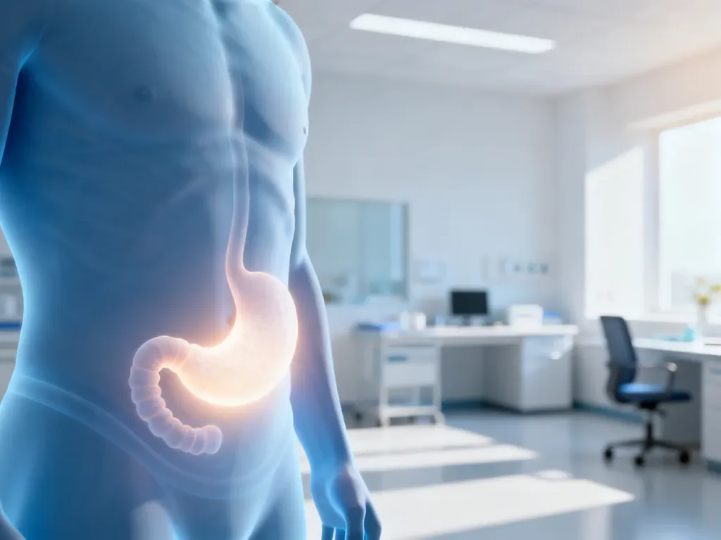 Anatomiczna ilustracja okolic żołądka z delikatnym światłem symbolizującym komfort trawienny w profesjonalnym gabinecie.