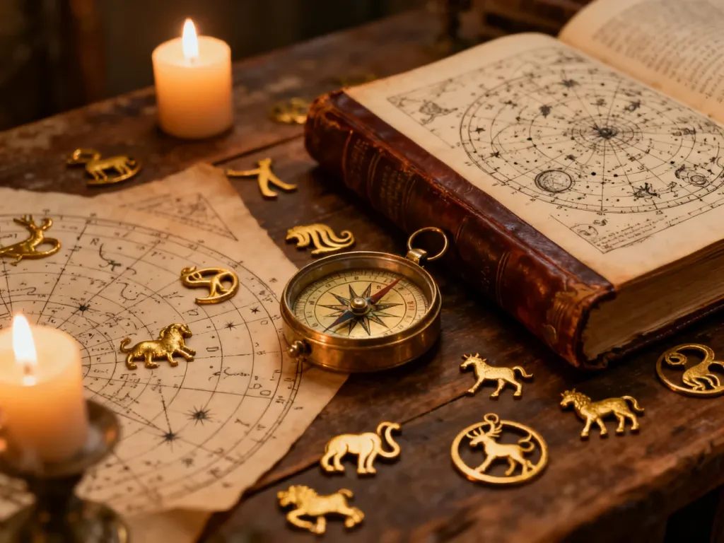 Zabytkowe mapy nieba, mosiężny kompas i znaki zodiaku na drewnianym stole, tworzące mistyczną atmosferę astrologii.