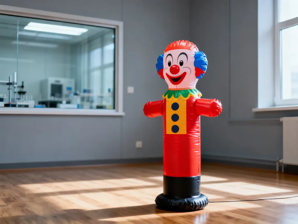 Nadmuchiwana lalka Bobo stojąca w laboratorium, używana w słynnym eksperymencie psychologicznym nad agresją.